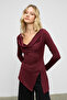Enissia women's deep v-neck stretch fabric body-fitting burgundy blouse - 2