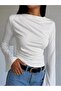 Women's White Degaje Collar Draped Long Sleeve Blouse - 3