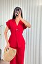 Women's Red Top and Bottom Set Linen Two-Piece Set Single Button V-Neck Lace-Up Wide Leg - 3