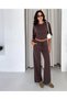 Women's Pique Textured Crop Blouse with Gathered Sides and Tie-Waist Wide-Leg Pants Two-Piece Set - 2