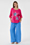 Fuchsia Italian 100% Linen Star and Flower Pattern Patched Foldable Sleeve Oversize Linen Blouse 38 - 44 Size - 6