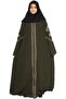 MODEST CITY Self Design Front Open Zip Embroidered Bottle Green Crepe Fabric Abaya or Burqa with Hij - 3