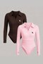 Steed Pink Polo Collar Premium Ribbed Flexible Embroidered Drawstring Long Sleeve Snap Fastener Bodysuit - 6