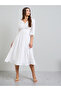 White Solid 3/4 Sleeves A-Line Midi Dress - 3