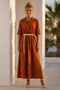Italian Brick Color Shirt Collar 3/4 Sleeve Lined Belted Casual Scalloped Long Woven Dress 130 58 - 3