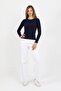 Women's Navy Blue Long Sleeve Ribbed Crew Neck Basic T-Shirt - H6161 - 6