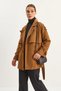 Women's Kruaze Collar Aller Detailed Epaulet Belted Pocketed Suede Trench Coat Camel - 3