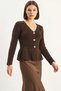 Women's Buttoned Waist-Fitted Pleated Bitter Brown Cardigan - 3