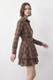 Women's Plaid Patterned Buttoned Waist Elastic Belted Mini Brown Dress - 4