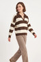 Women's Polo Collar Striped Knitwear Brown Cream Sweater - 3
