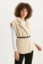 Women's Faux Fur Textured Belted Pocket Detailed Lined Beige Vest - 4
