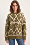 Women's Patterned Crew Neck Oversize Knitwear Green Sweater - 7