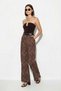 Women's Belted Lycra Shawl Patterned High Waist Wide Leg Brown Trousers - 3
