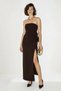 Women's Strapless Maxi Bitter Brown Dress with Floral Accessories and Slit Detail - 5