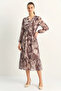 Women's Elastic Waist V-Neck Button Detailed Lined Patterned Chiffon Mink Dress - 2