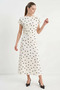 Women's Boat Neck Drape Detailed Polka Dot Midi Ecru Black Dress - 4