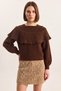 Women's Ruffled Openwork Detailed Balloon Sleeve Ribbed Knitwear Bitter Brown Sweater - 8
