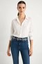Women's Self-Striped Half-Sleeve White Shirt with Single Pocket Detail