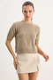 Women's Floral Motif Embossed Embroidery Detailed Short Sleeve Knitwear Dark Beige Sweater - 4