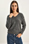 Women's Self-Textured V-Neck Anthracite Sweater - 5