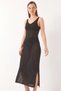 Women's V-Neck Slit Detailed Openwork Black Dress - 4