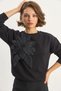 Women's Crew Neck Black Sweatshirt with Floral Accessories and Three-Thread Ribbed Detail - 5