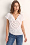 Women's Gathered Waist, Asymmetrical Cut, White Blouse with Drape Collar - 4