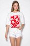 Women's Crew Neck Floral Printed Oversize Cotton White Red T-Shirt - 3
