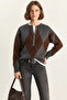 Women's Buttoned Diamond Patterned Basic Knitwear Anthracite Brown Sweater - 5