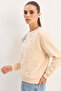 Women's Crew Neck Sweatshirt with Butterfly Accessories, Stone Embroidery, Three Thread Shadon Beige Sweatshirt - 4