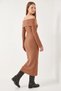 Women's Madonna Collar Spanish Sleeve Ribbed Camel Dress - 6