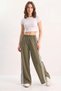 Women's Striped Elastic Waist Seasonal Palazzo Khaki Trousers with Pocket Detail - 6