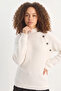 Women's Half Turtleneck Loose White Sweater with Accessory Detail - 5