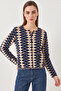 Women's Side Diamond Patterned Knitwear Navy Blue Beige Cardigan - 5