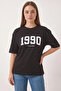 Women's Printed Crew Neck Short Sleeve Oversize Basic Black T-Shirt - 2