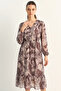 Women's Elastic Waist V-Neck Button Detailed Lined Patterned Chiffon Mink Dress - 5