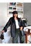New Season Belted Oversize Double-Breasted Leather Buttoned Black Trench Coat - 3