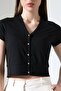 Women's V-Neck Buttoned Short Sleeve Black Crop Blouse - 3