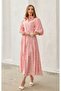 Pink Balloon Sleeve Belted Embroidered Dress - 3