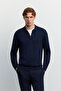 Men's Navy Blue Polo Collar Basic Plain Rayon Sweater B005150