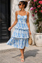 Timeless Elegance - Women's Rope Strap Blue Floral Patterned Layered Flounce Summer Midi Dress with Chest Detail