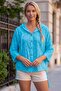 Light Turquoise Hooded 3/4 Sleeve Buttoned Side Tie Embroidered Cotton Woven Jacket 60 60