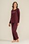 Women'S, Burgundy, Patterned, Long Sleeve Pajama Set (with Socks as a Gift) - 2