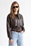 2220 Women's Ribbed Detailed Leather Bomber Jacket with Pockets Brown - 4
