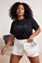 Siyah Bisiklet Yaka Taş Baskılı Örme Büyük Beden T-shirt TBBSS26BF00051 - 3