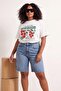 Ekru %100 Süprem Baskılı Oversize/Rahat Kesim Örme Büyük Beden T-Shirt TBBSS25BF00082 - 2