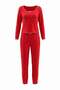 Red Cotton Blended Lycra Soft Tuşe Heart Patterned Lace Detailed Knitted Pajamas Set Thmaw27Pt00024 - 4