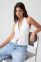 Ecru Plain Fitted V-Neck Sleeveless Halter Neck Gathered Jacquard Knitted Blouse Twoss26Bz00988