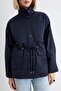 Lacivert Bel Bağlamalı Dik Yaka Oversize Midi Trençkot TWOAW27TR00026 - 4