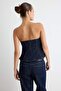 Koyu Mavi Düğme Detaylı Straplez Peplum Denim Bluz TWOAW27BZ00036 - 9